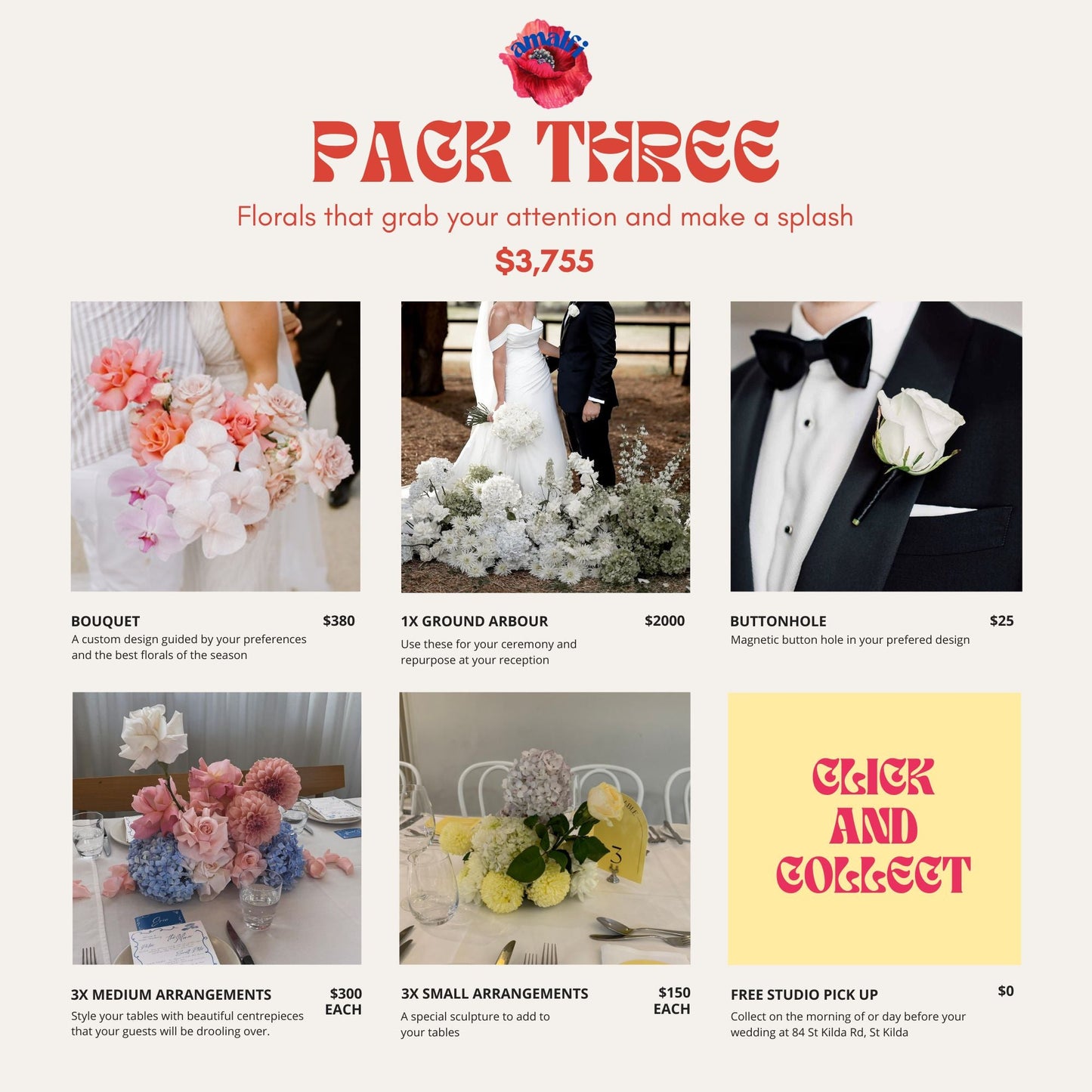red rose bouquet, statement ceremony arrangements, buttonhole, bud vases and reception flowers, Melbourne click and collect wedding florist Amalfi Floral Design