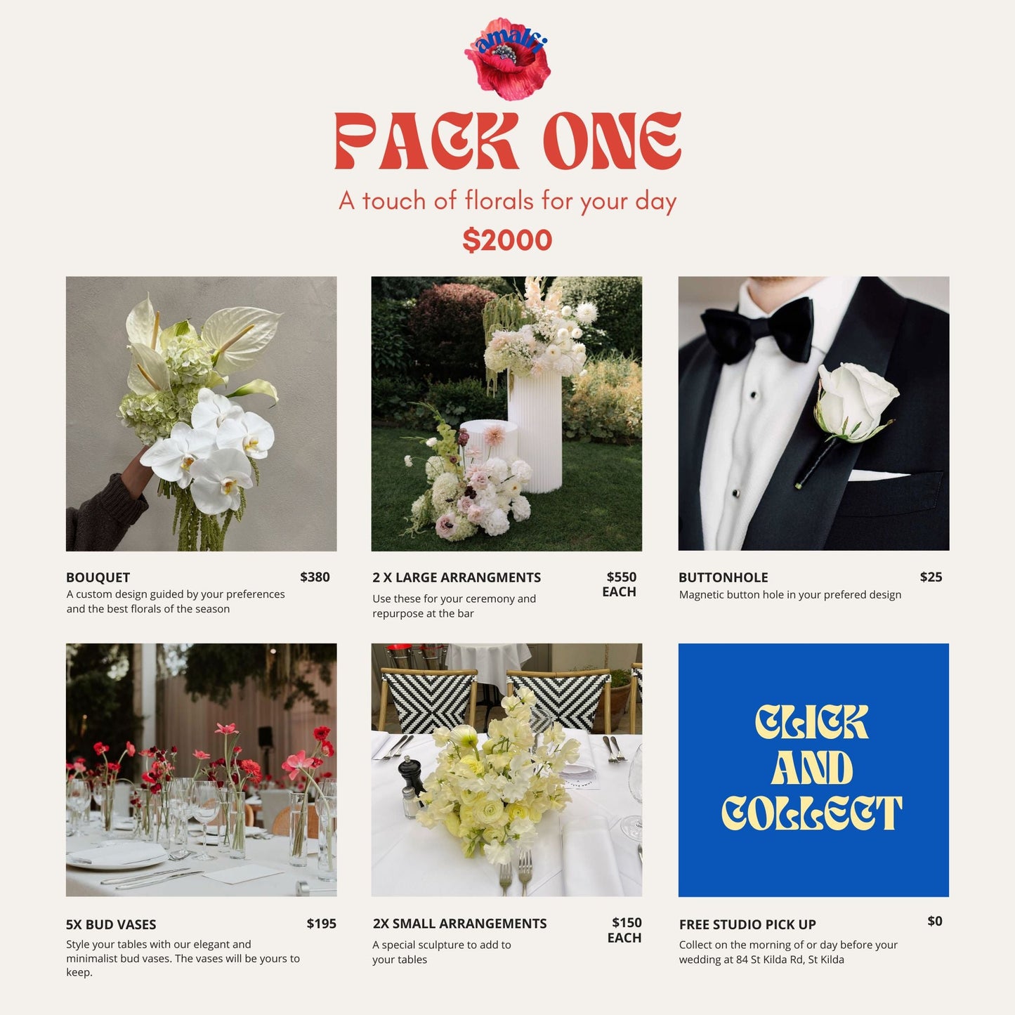 Wedding Pack One $2000 – bridal bouquet, ceremony arrangements, buttonhole, bud vases and reception flowers, Melbourne click and collect wedding florist Amalfi Floral Design